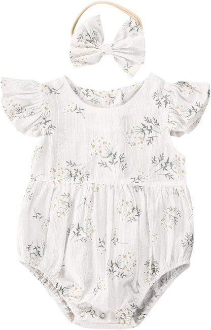 Newborn Baby Girl Romper Floral Ruffle Sleeveless Jumpsuit Cotton Bodysuit with Headband Summer Clothes Outfit