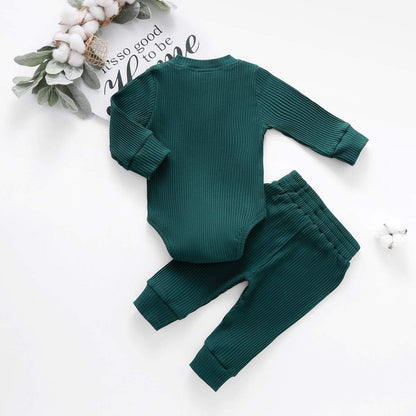 Winter Newborn Baby Boy Girl Clothes Set Ribbed Outfits Unisex Infant Solid Cotton Button Long Sleeve Tops Pants 2PCS